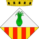 An image of the crest of the city of Sabadell. It features a crown on top and two triangles, one with an union and one with red and yellow stripes.